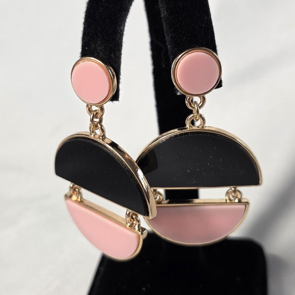 Geometric Drop Earrings Gold Tone with Black & Pink Half Moon Shaped Inlays
